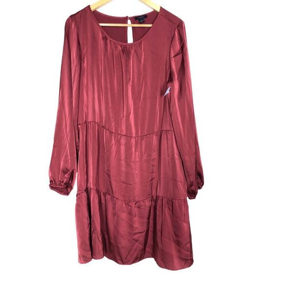 Halogen Satin Dress Long Sleeve Jewel Neck Tiered Swing Mini Earth Red NWT Large - Picture 3 of 7
